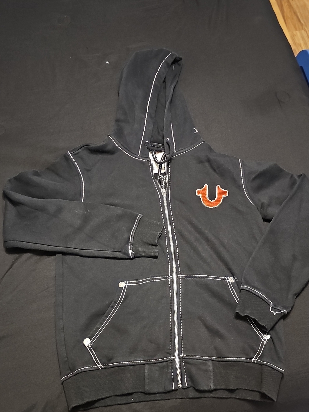 True Religion Men’s Black Zip-Up Hoodie Orange Logo Size M